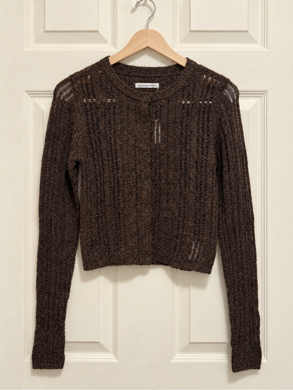 American Eagle Outfitters Brown Fitted Open-Knit Button Front Cardigan